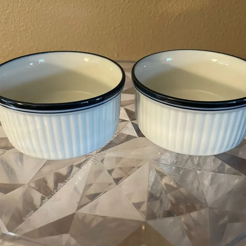Dansk White Blue Rimmed Ribbed Bistro 4 inch Serving Bowls x 2 Portugal
